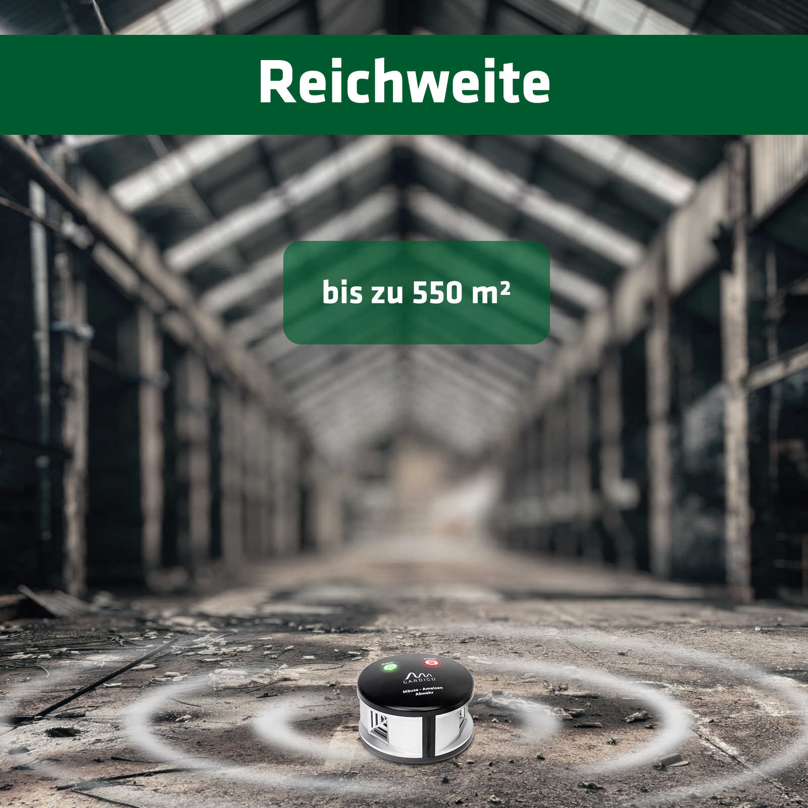 Mit seinen drei Lautsprechern gibt das Mäuseabwehrgerät den Ultraschall in alle Richtungen ab, mit einer Reichweite von bis zu 500qm.