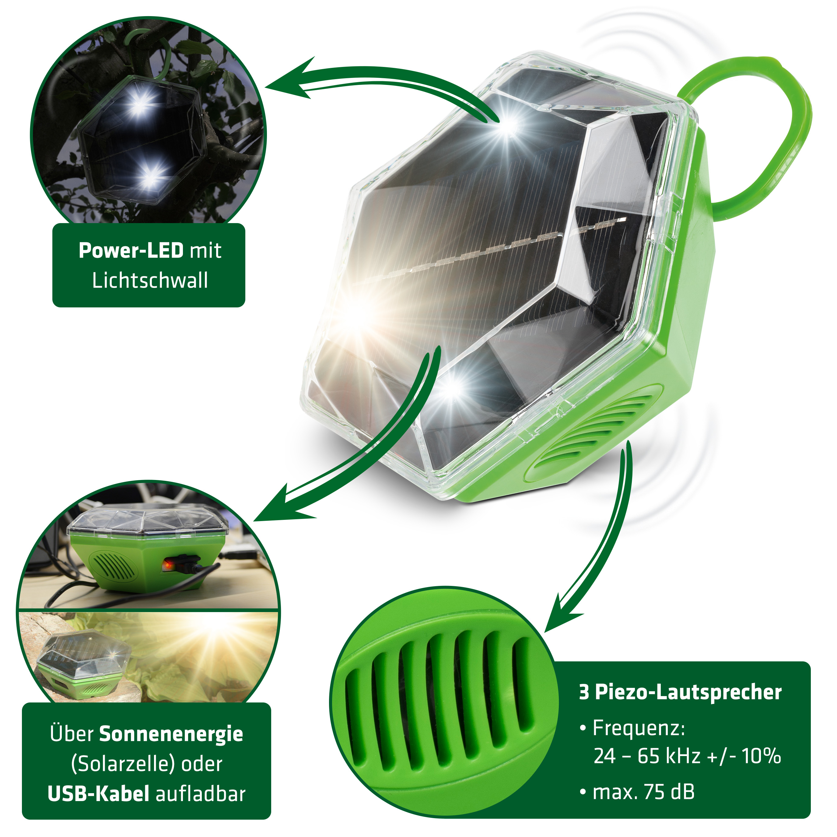 Der Ultraschall-Vogelschreck kann auch über ein USB-Kabel aufgeladen werden.