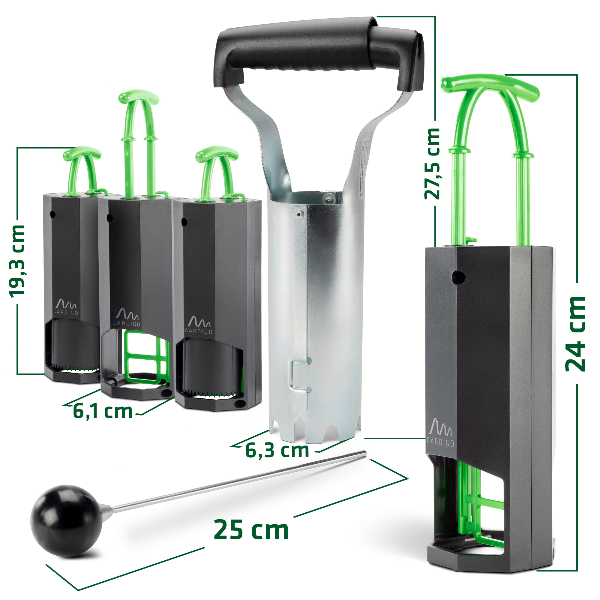Die Abmessungen der Wühlmausfallen und des Zubehörs.