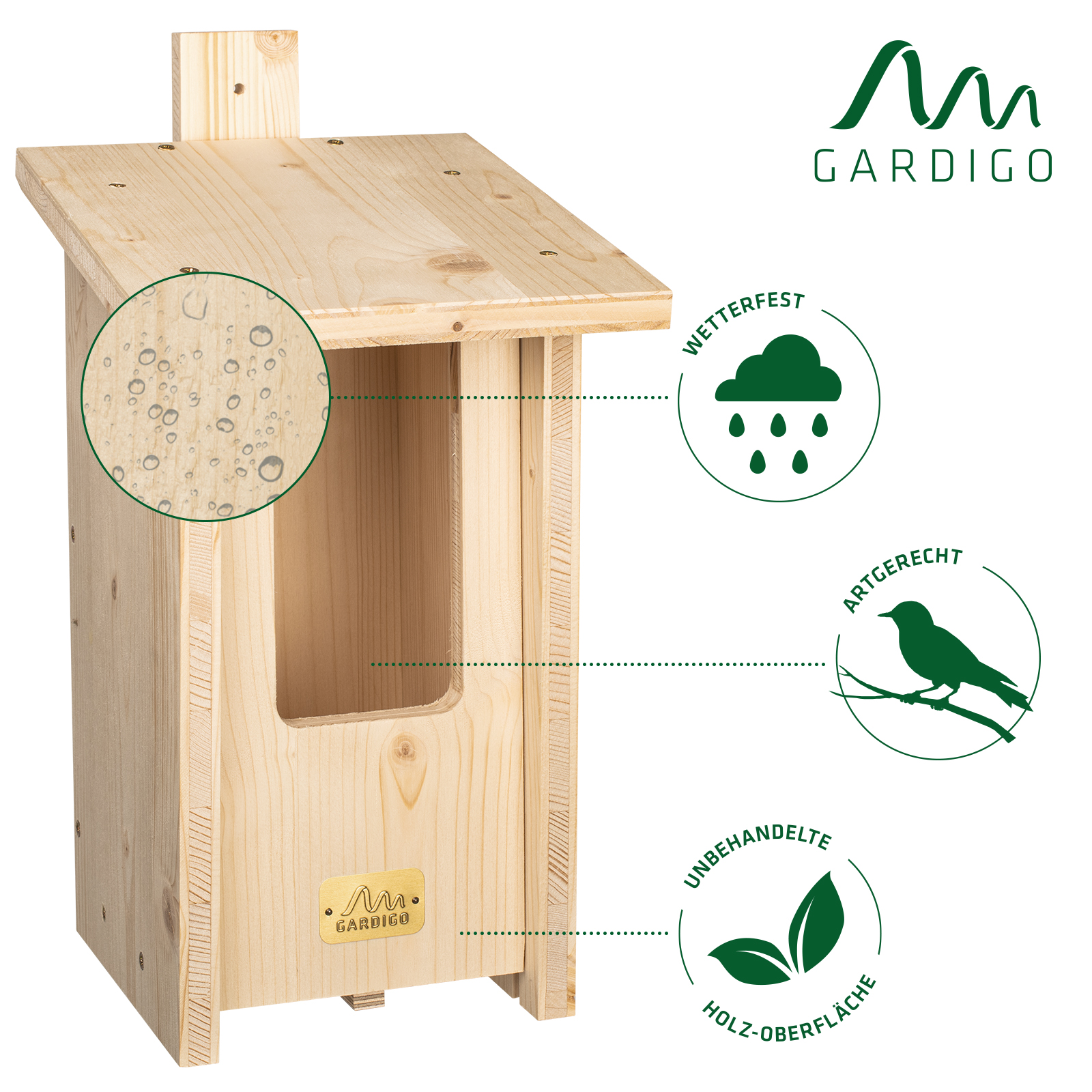 Der Nistkasten ist wetterfest und durch das unbehandelte Holz auch artgerecht.