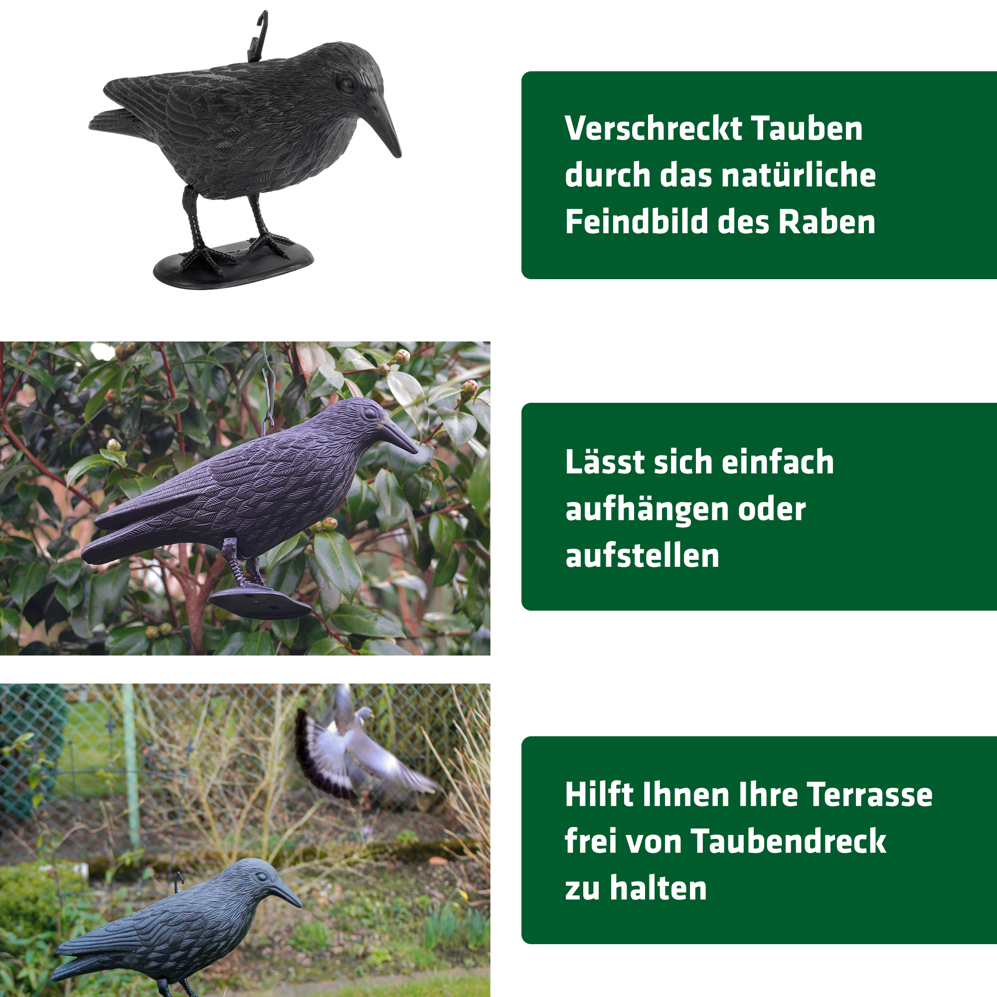 Raben-Attrappe als Taubenschreck: Natürliches Feinbild für Tauben zum Aufstellen oder Aufhängen.