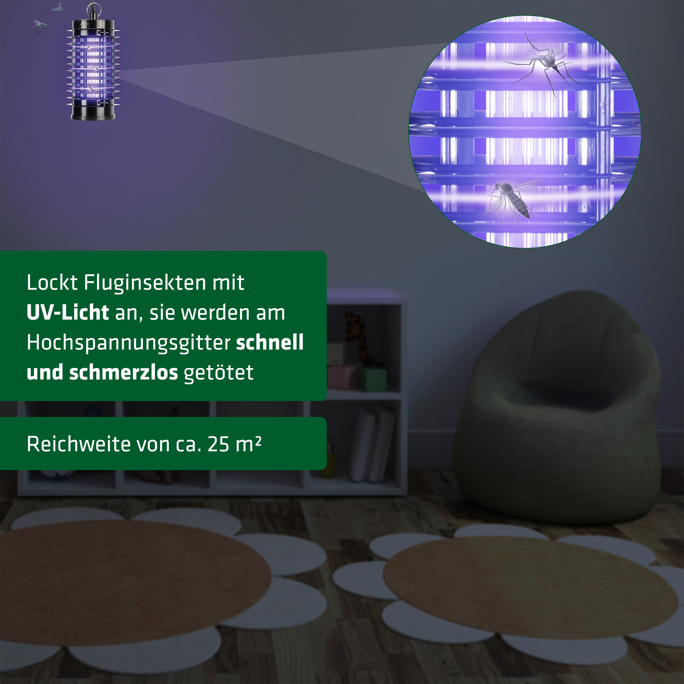 Die Mückenlampe lockt Insekten mit UV-Licht an.