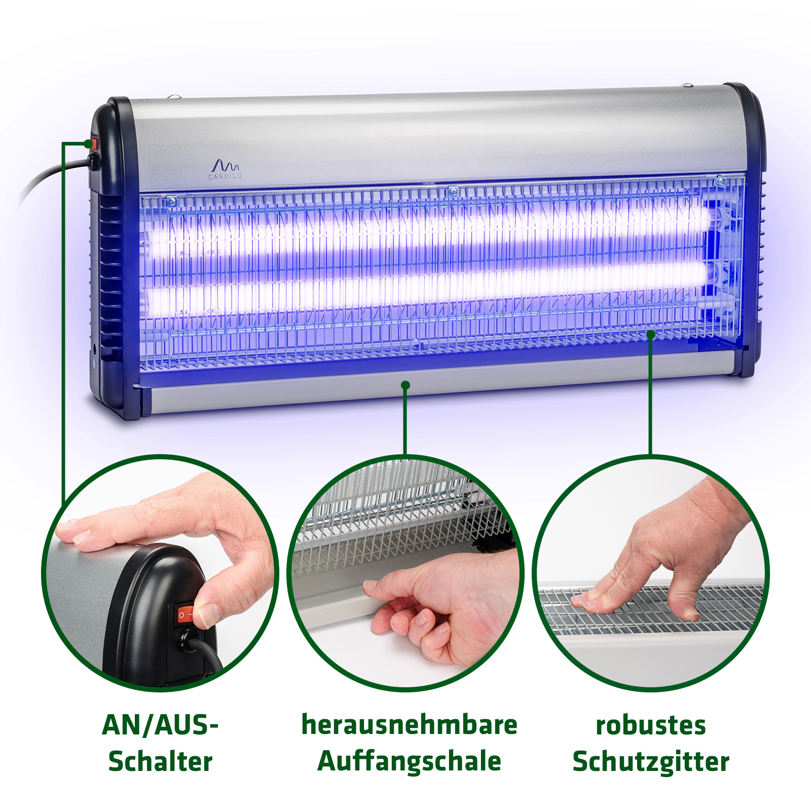 Die Insekten landen in der abnehmbaren Auffangschale und lässt sich leicht reinigen.