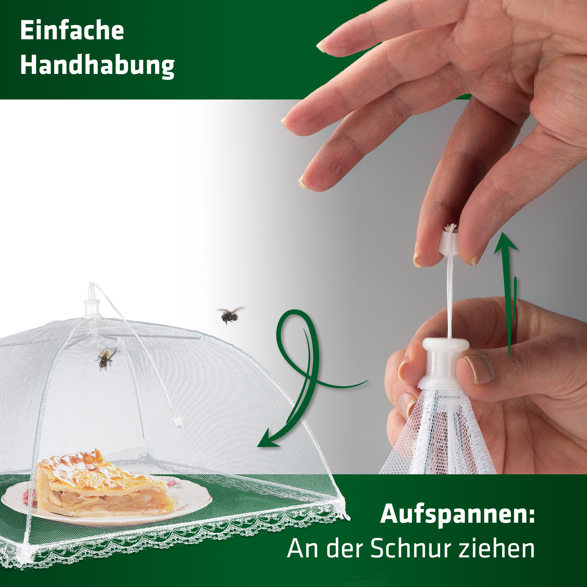 Die Abdeckhaube lässt sich einfach aufspannen. Dazu wird an der Schnur gezogen.