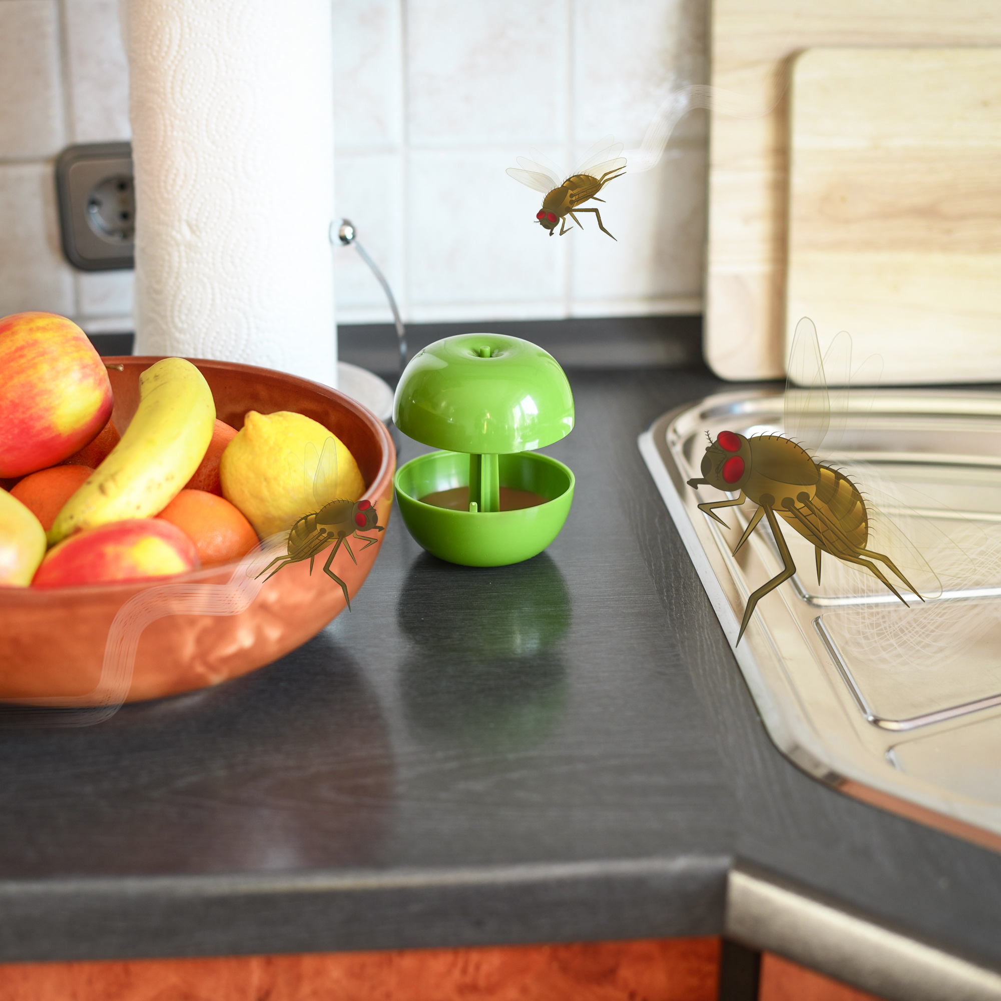 Frisches Obst zieht die Fruchtfliegen an und auf der Schale befinden sich meist bereits im Supermarkt einige, winzige Eier.