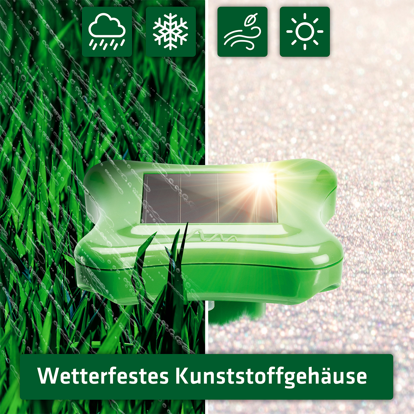 Das Gehäuse ist witterungsbeständig und hält auch Schnee und Regen stand.