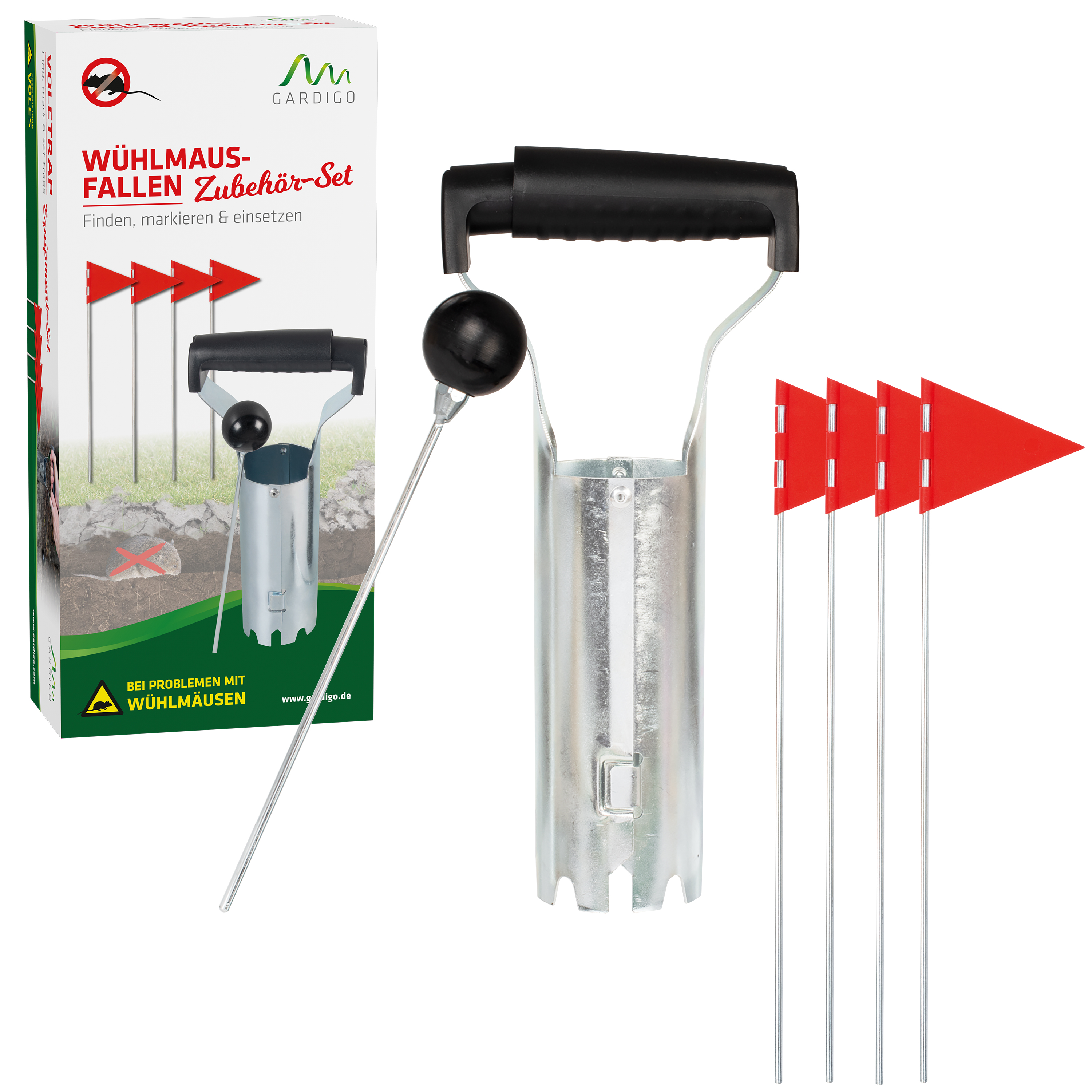 Der Lieferumfang des Wühlmausfallen-Zubehör-Sets