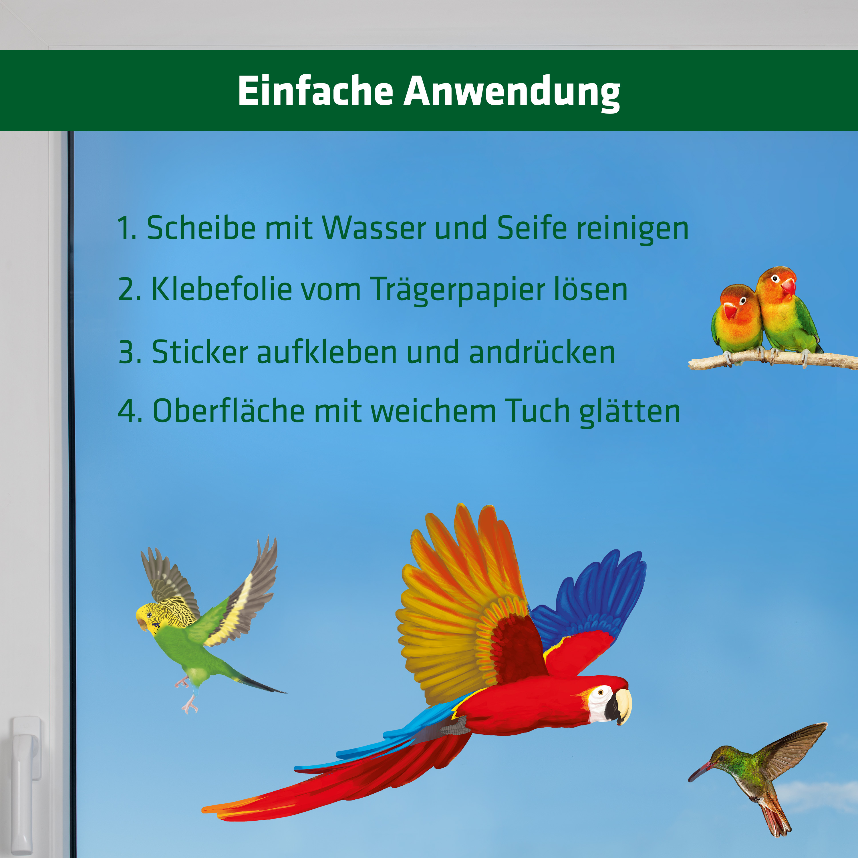 So einfach lassen sich die Vogelschutz-Aufkleber anwenden.