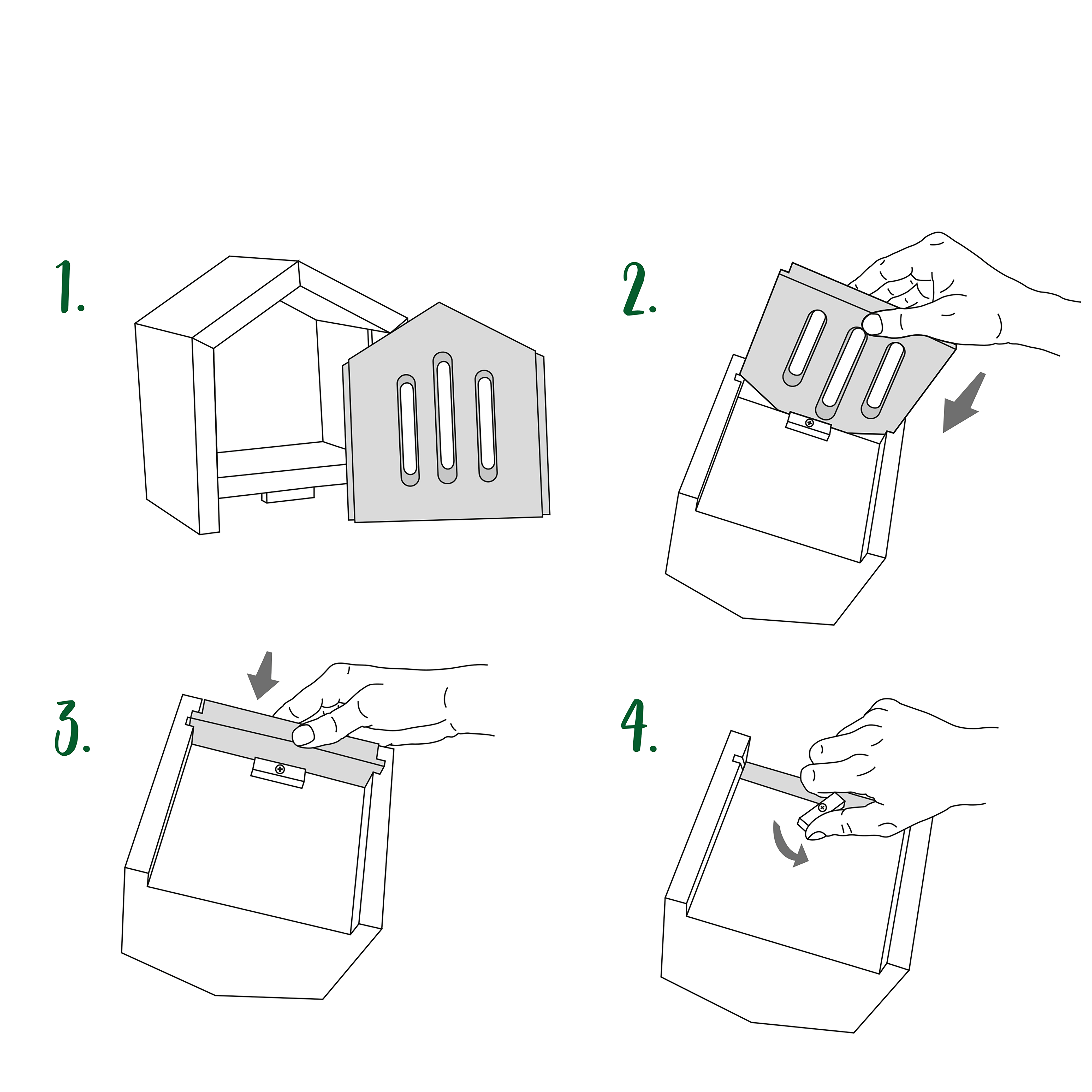 Schieben Sie die Blende von Unten in das Haus hinein und drehen den Knauf zu.