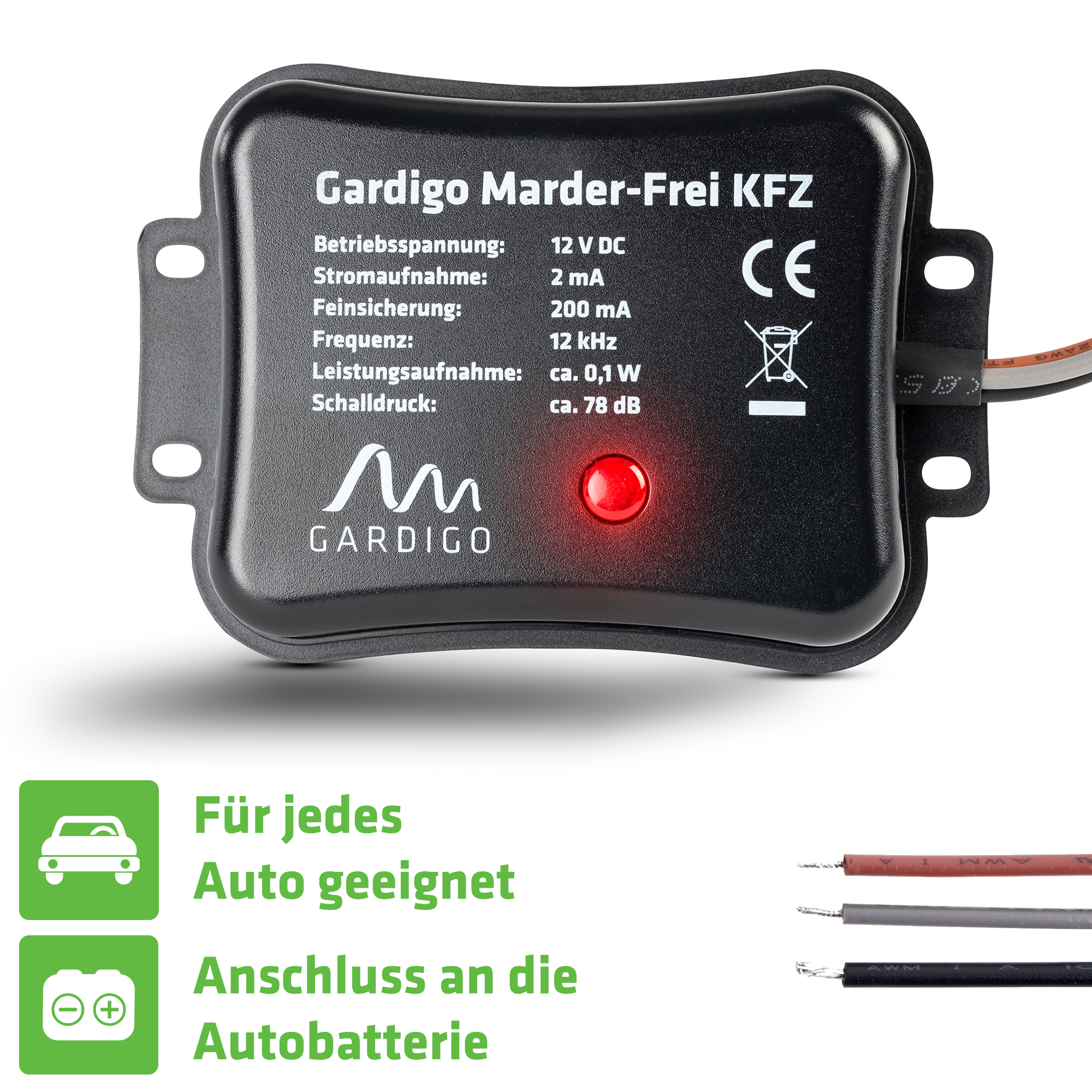Der Marderschreck wird an die Autobatterie angeschlossen und ist für jedes Auto geeignet.