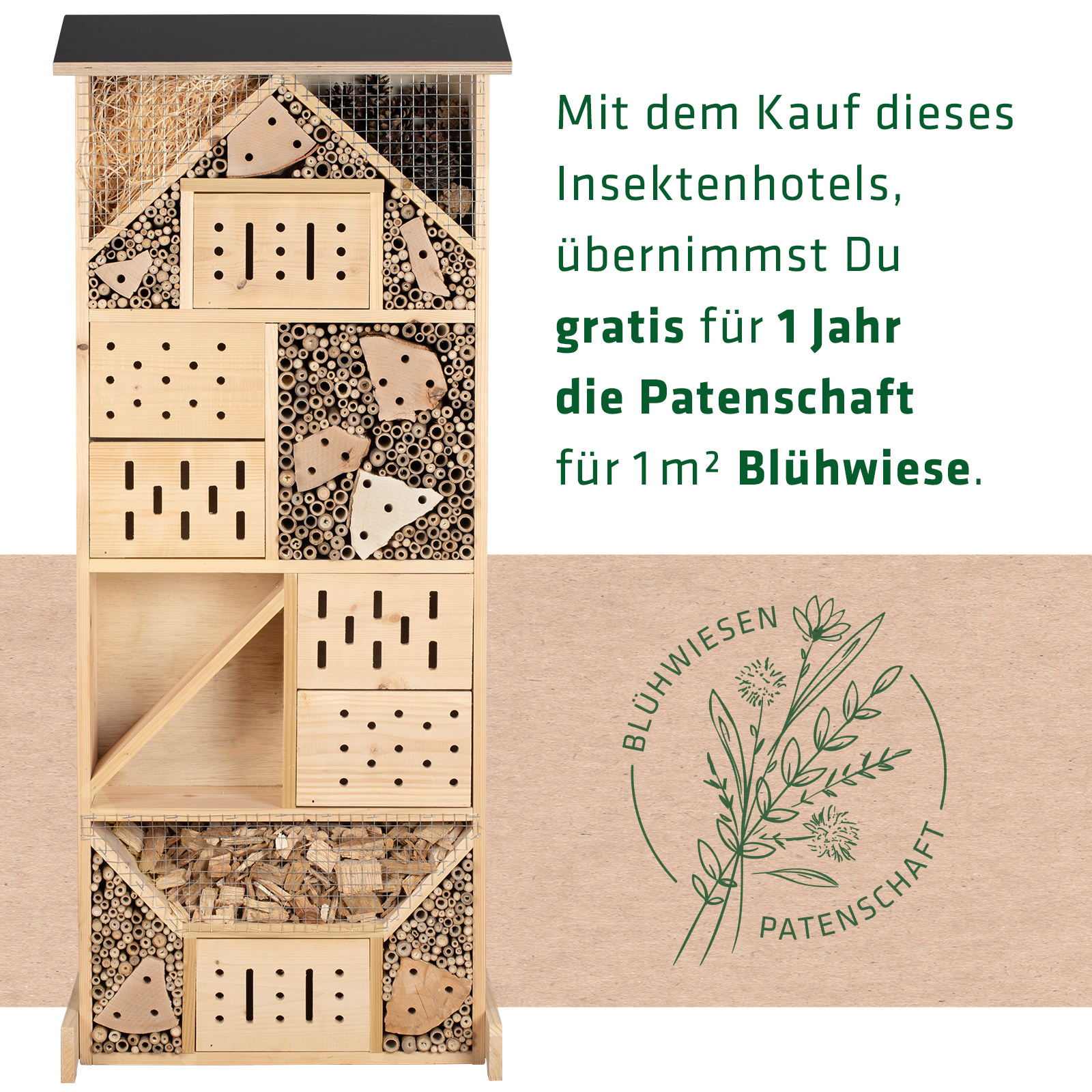 Zusätzlich zu dem Insektenhotel übernehmen sie gratis für ein Jahr die Patenschaft für einen Quadratmeter Blühwiese.