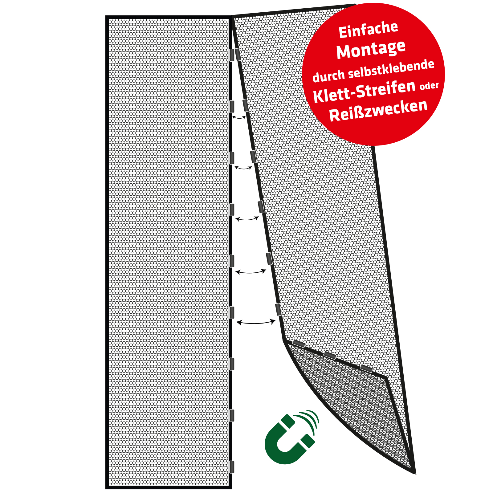 Einfache Montage durch selbstklebende Klett-Streifen oder Reißzwecken