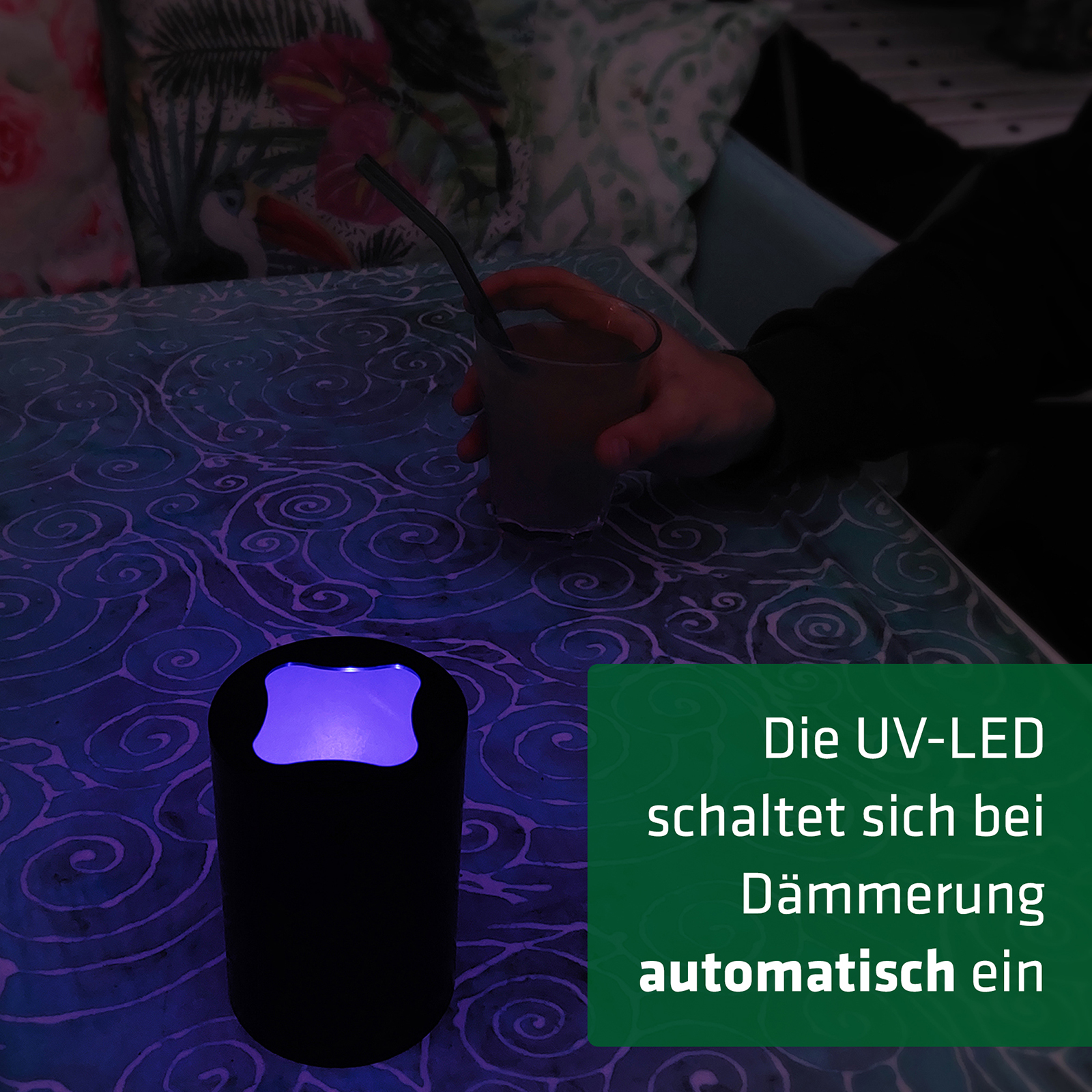 Dank Dämmerungssensor schaltet sich die Insektenlampe automatisch ein.