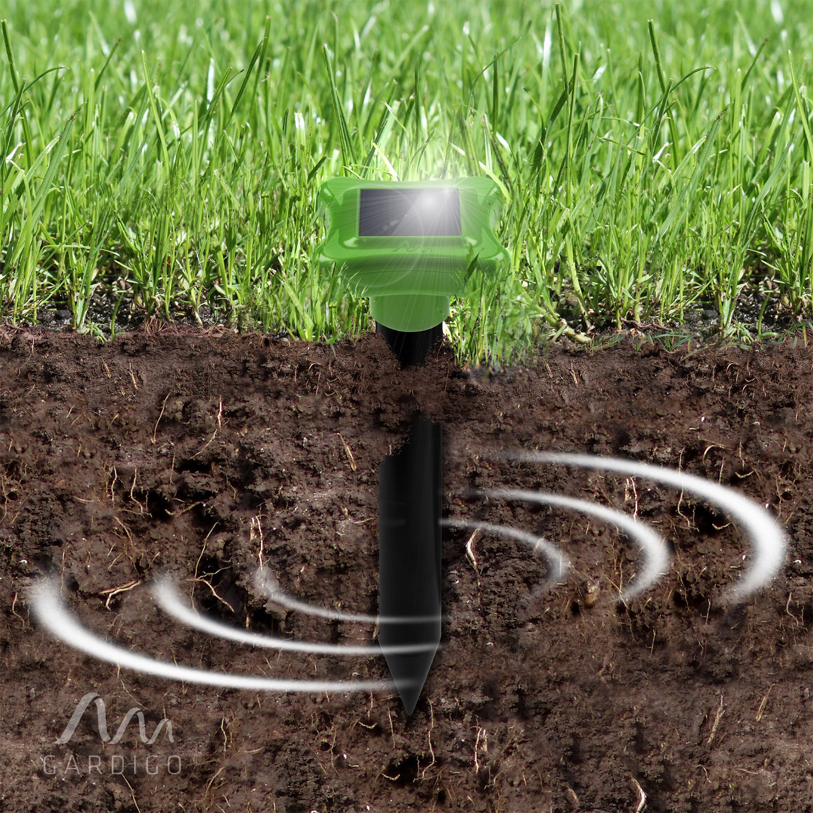 Unser Maulwurfsvertreiber sendet Schallwellen in das Erdreich & stört die Maulwürfe aber schadet ihnen nicht.