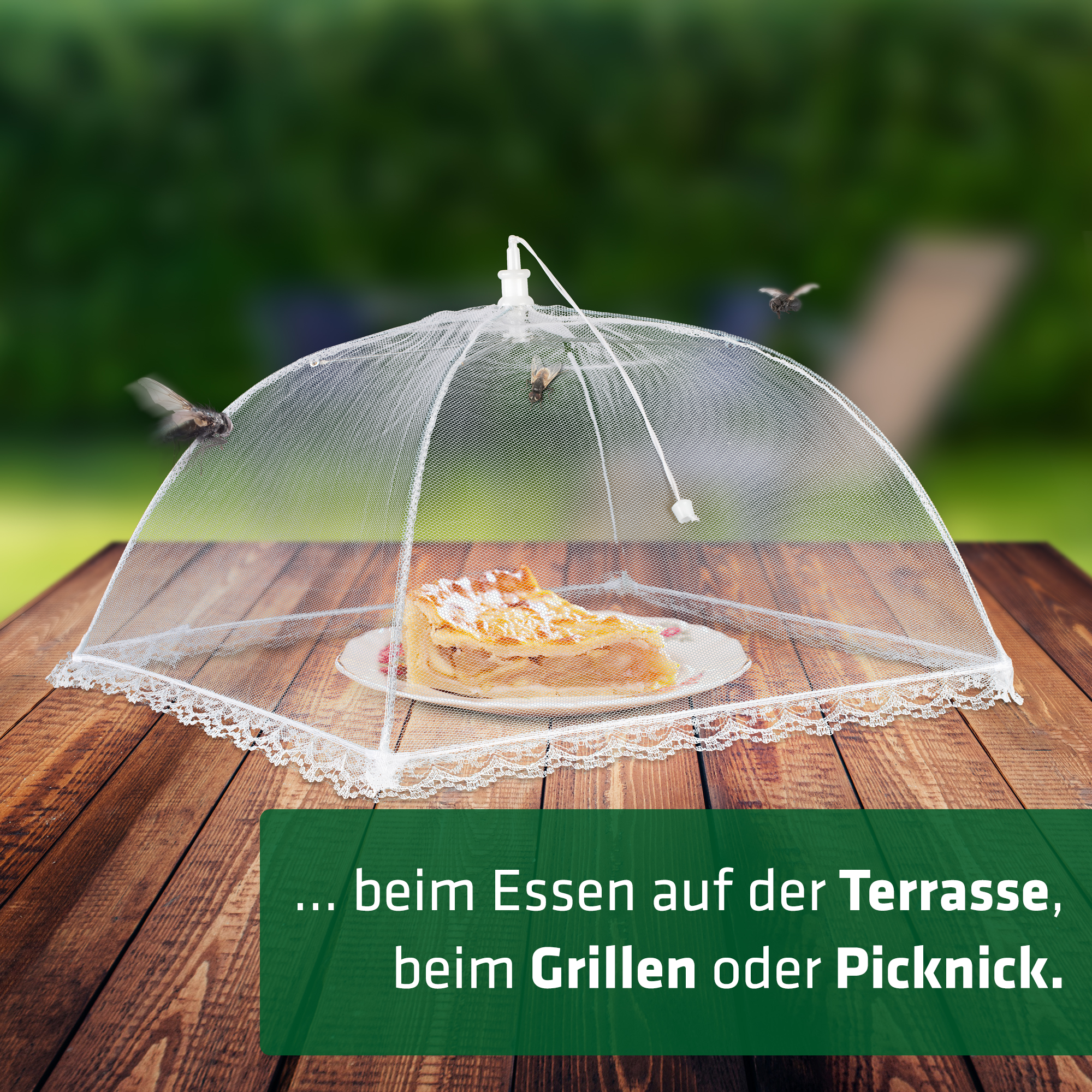 Damit Fliegen nicht ans Essen gelangen, zum Beispiel auf der Terrasse, beim Grillen, beim Picknick, in der Speisekammer,…