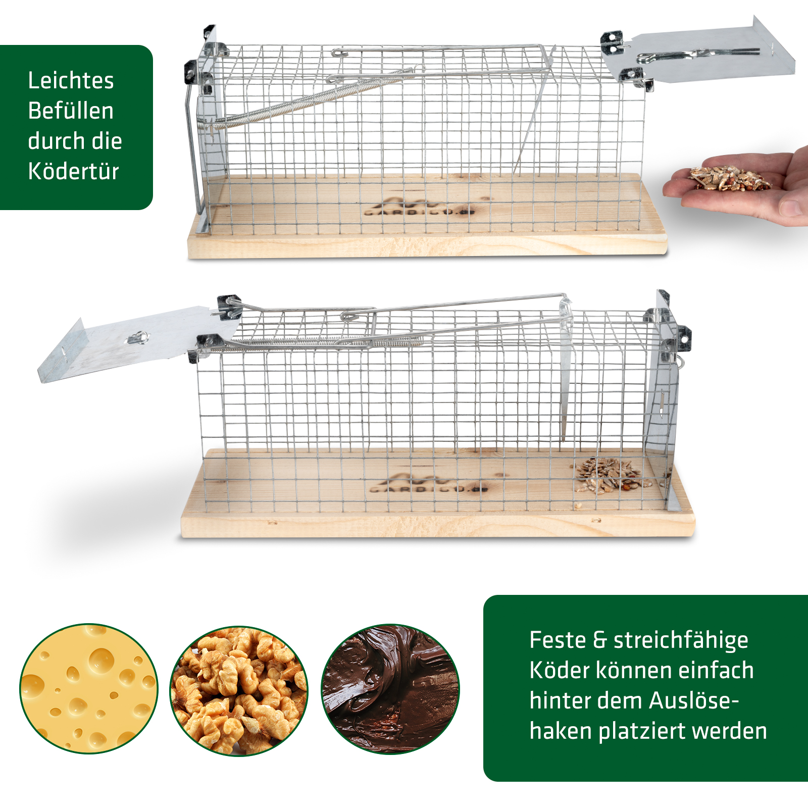 In der Lebend-Rattenfalle können viele verschieden Köder eingesetzt werden.
