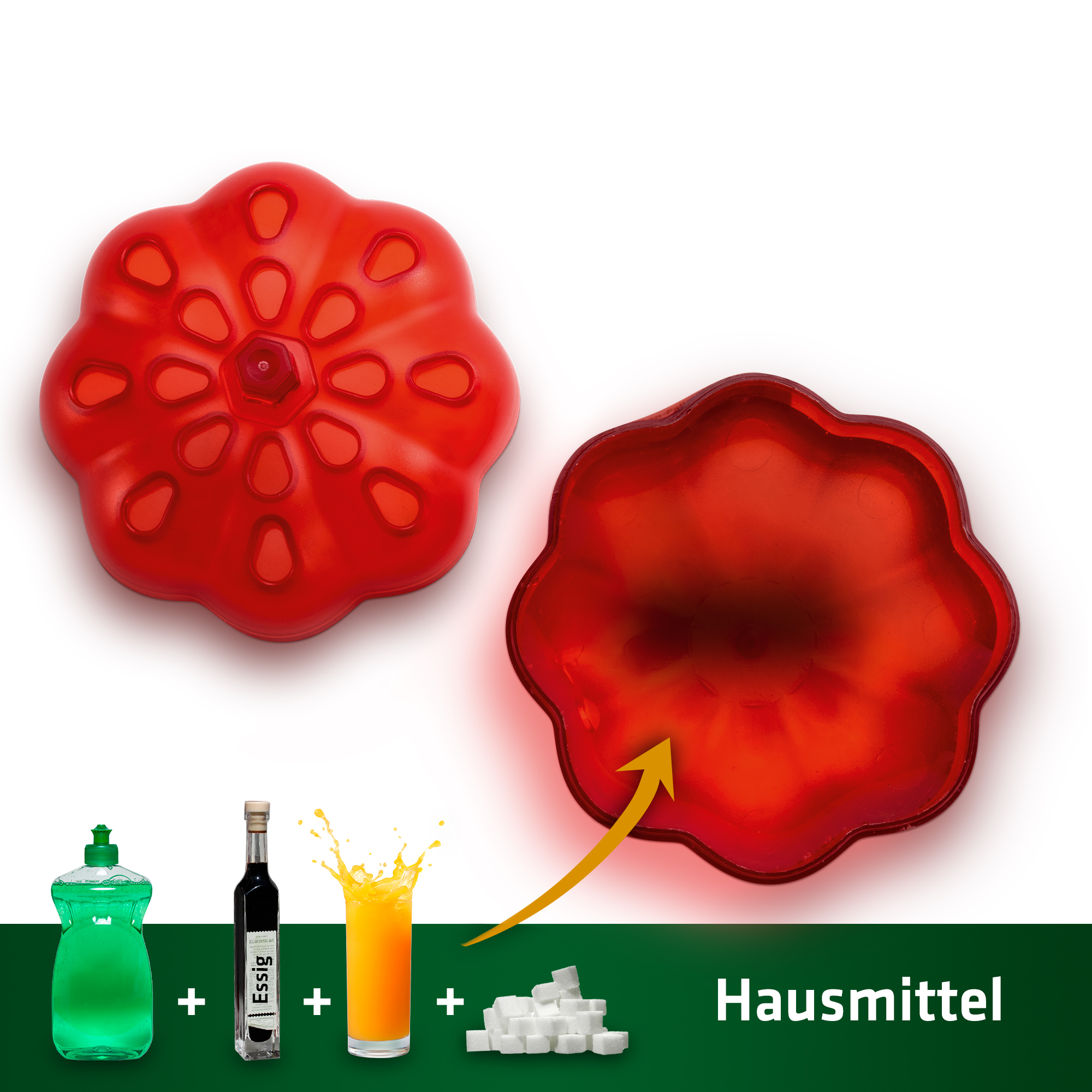 Fruchtfliegen-Lockstoff gibt es von GARDIGO fertig zu kaufen (nicht im Lieferumfang), aber die Falle funktioniert selbstverständlich auch mit Hausmitteln gegen Obstfliegen.
