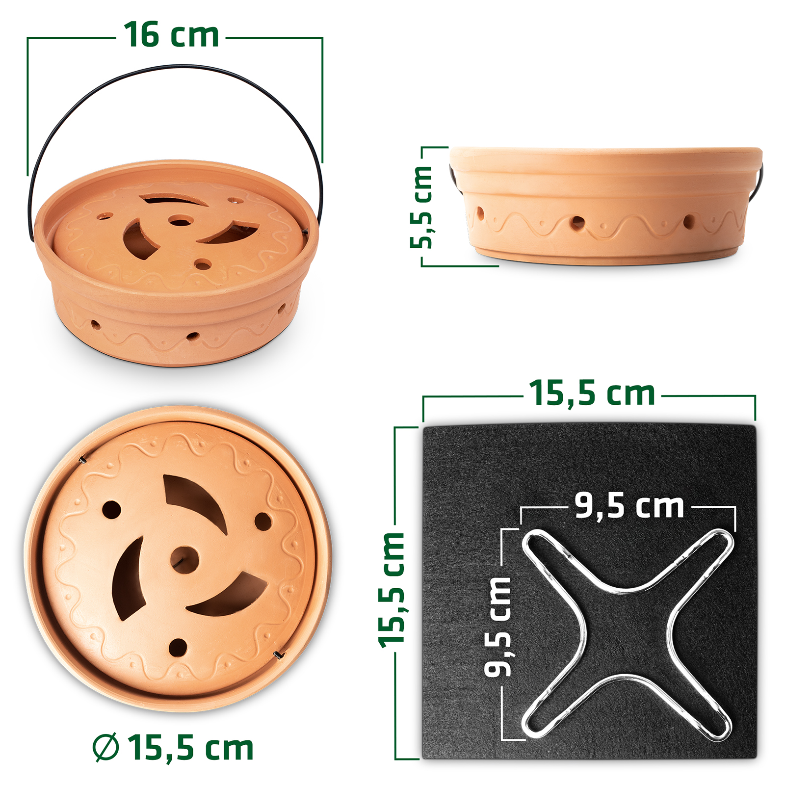 Die Maße der Schale zum Kaffee verbrennen und dem beliegendem Zubehör