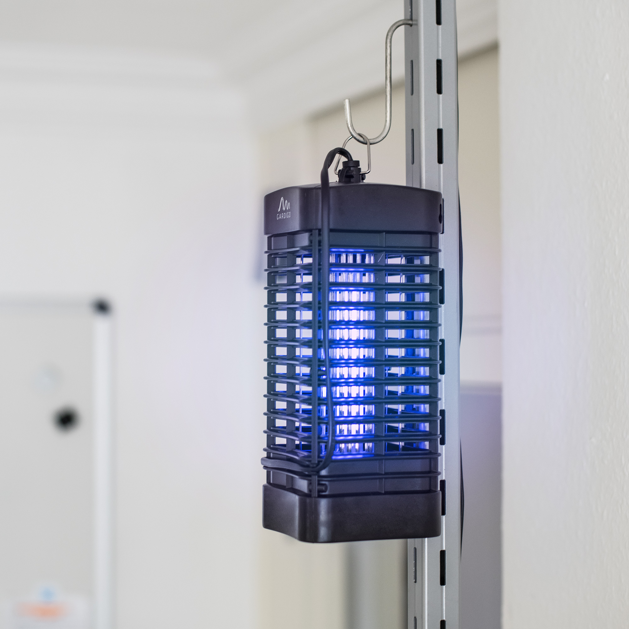 Das UV-Licht zieht Insekten, wie Mücken und Fliegen, an und sie werden am Hochspannungsgitter getötet.