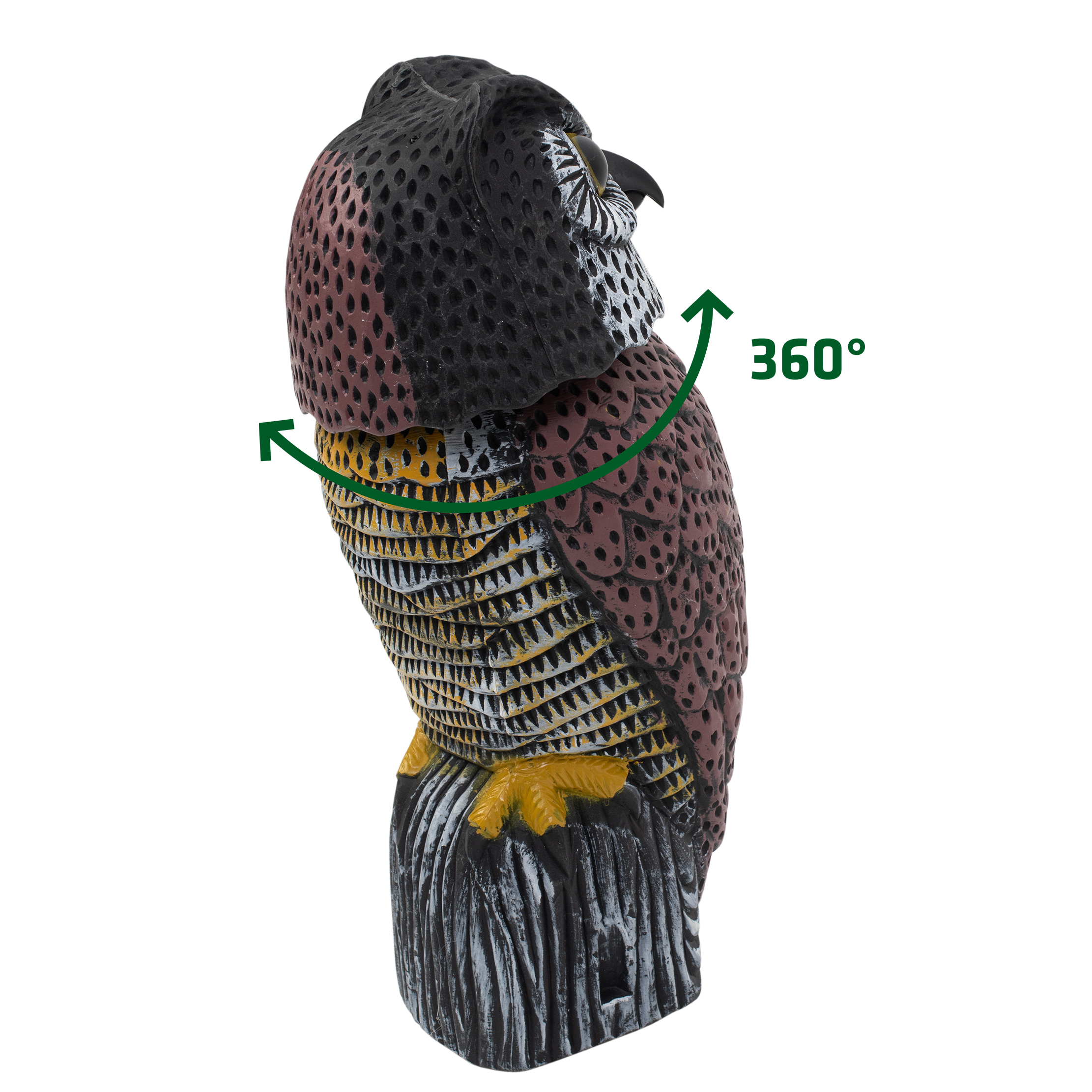 Der Kopf der Eulen-Attrappe kann sich um 360° drehen und bewegt sich im Wind ganz natürlich.