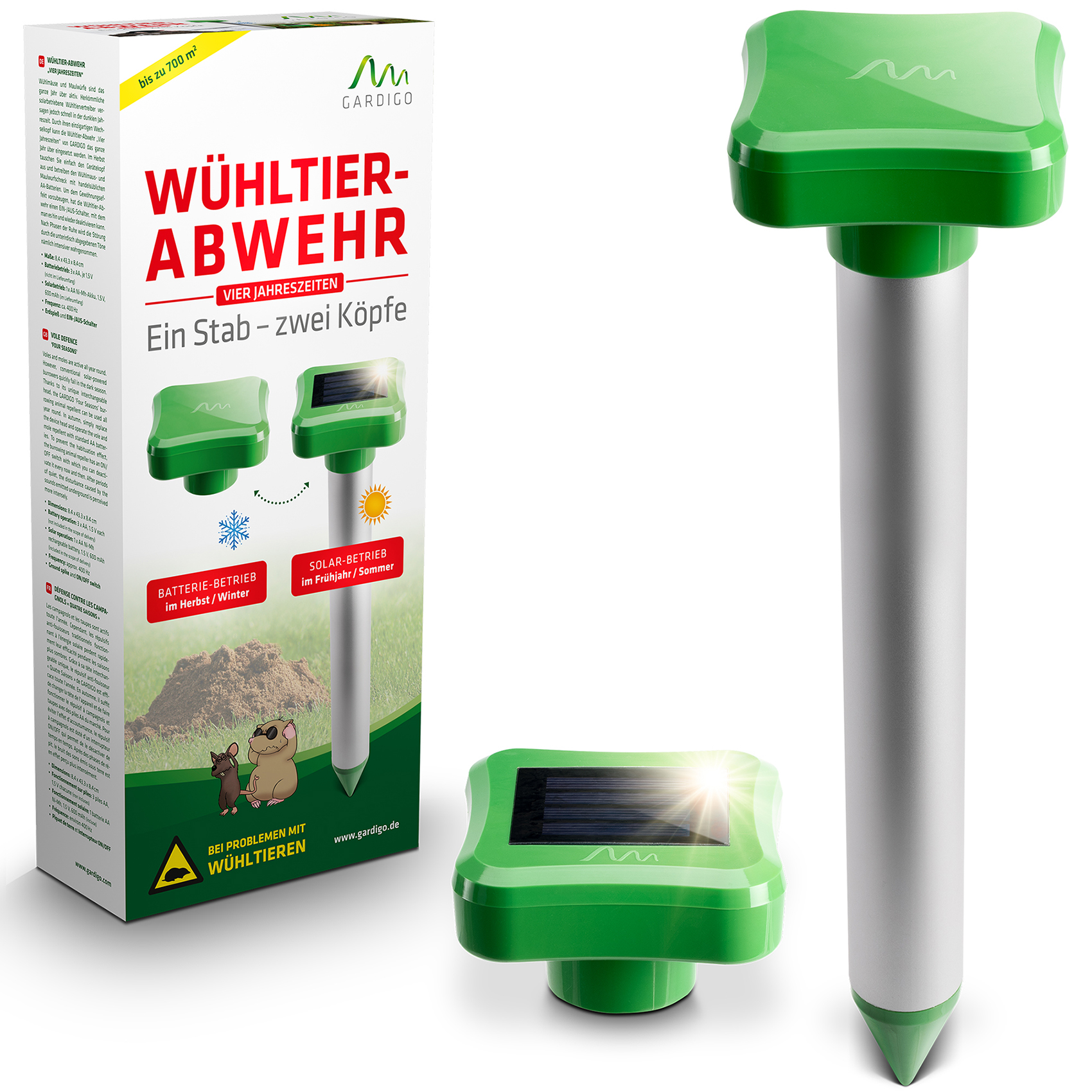 Die Wühltier-Abwehr Vier Jahreszeiten von GARDIGO ist ein Maulwurfschreck für das ganze Jahr!