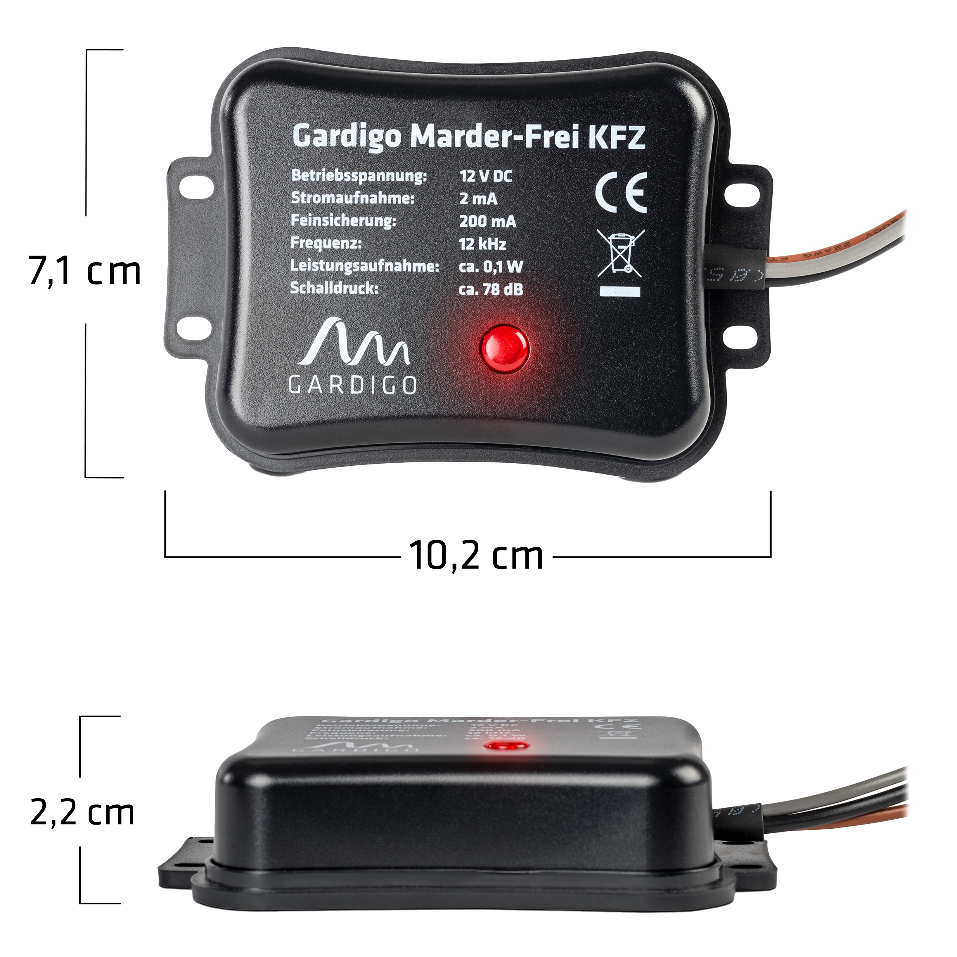 Die Abmessungen des Marderschreck-Gerätes.