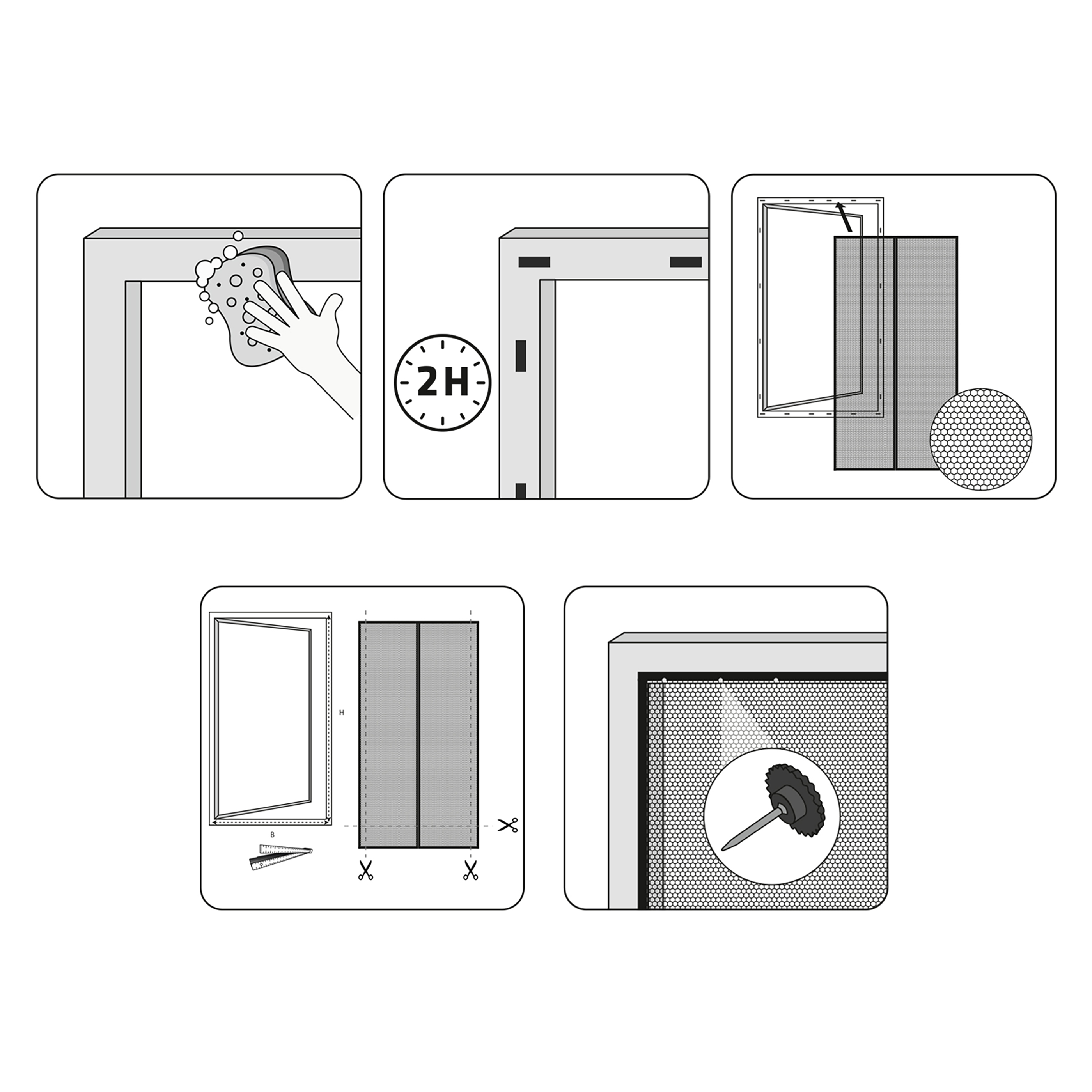 Anwendung: Rahmen reinigen, selbstklebende Klettstreifen anbringen, 2 Stunden warten, dann Insektenschutzvorhang anbringen, Vorhang zurechtschneiden. Alternativ kann der Vorhang an Holzrahmen mit Reißzwecken befestigt werden.