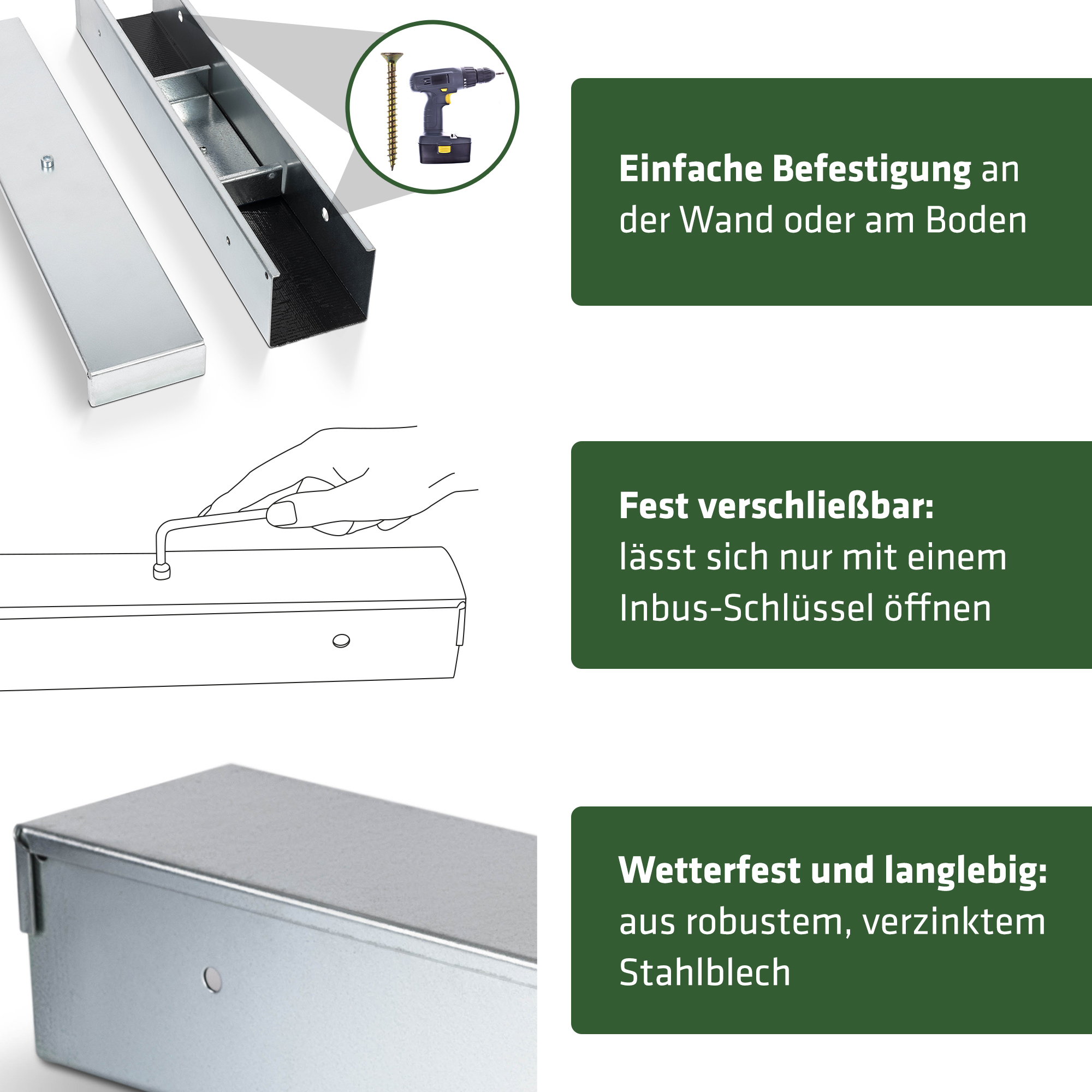 Abschließbare Ratten-Köderbox aus verzinktem Stahlblech.