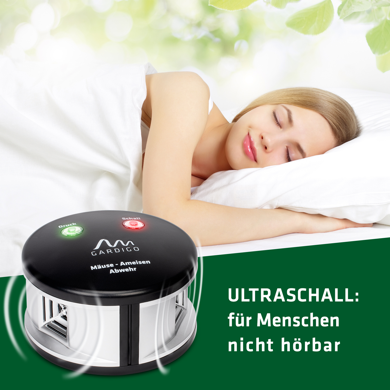 Der Ultarschall, der von diesem Gerät abgegeben wird, ist für Menschen nicht hörbar.