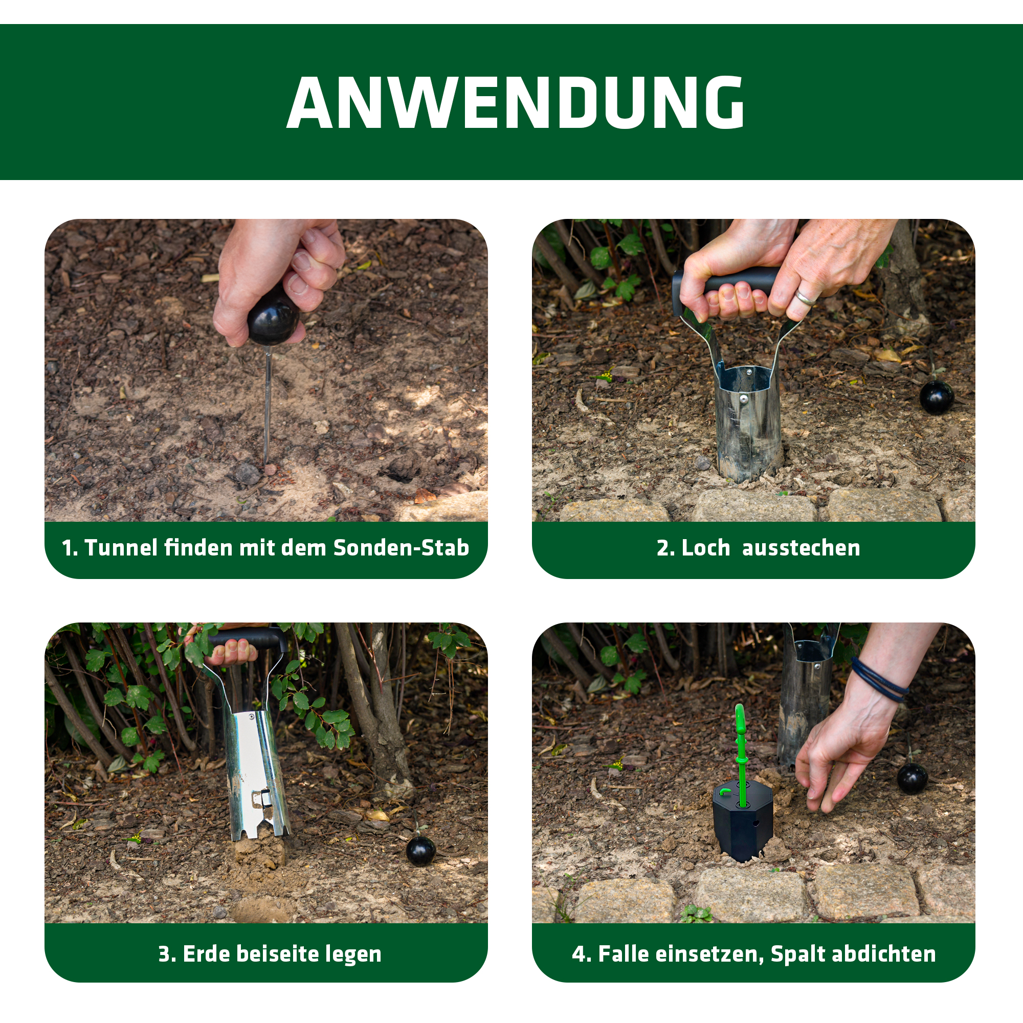Mit dem beiliegenden Zubehör finden Sie den Wühlmaustunnel und graben ein passendes Loch für die Falle.