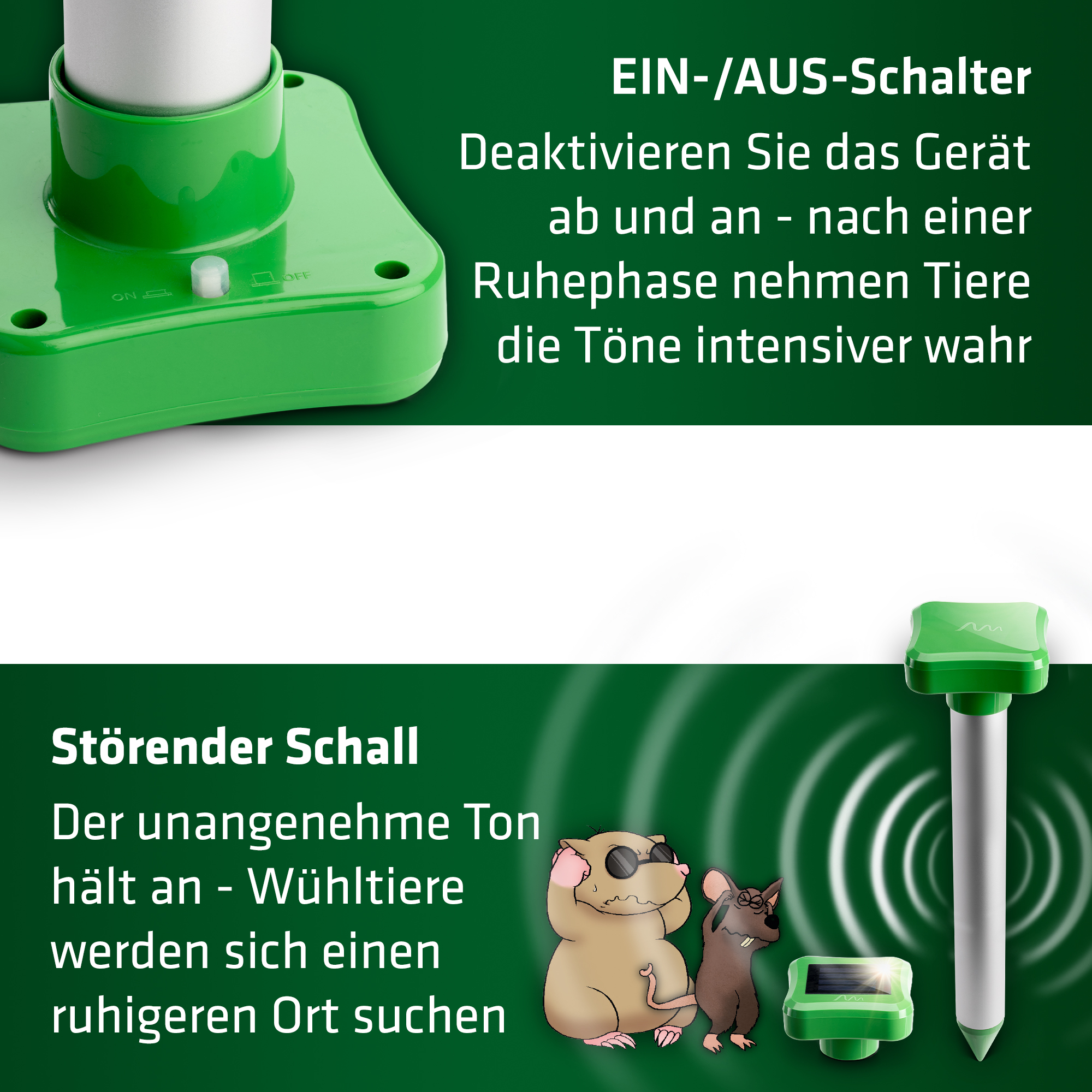 Sinnvolle Features: Die Maulwurfabwehr hat einen EIN/AUS-Schalter und einen Buzzer, der für Wühltiere störenden Schall unter der Erde abgibt.