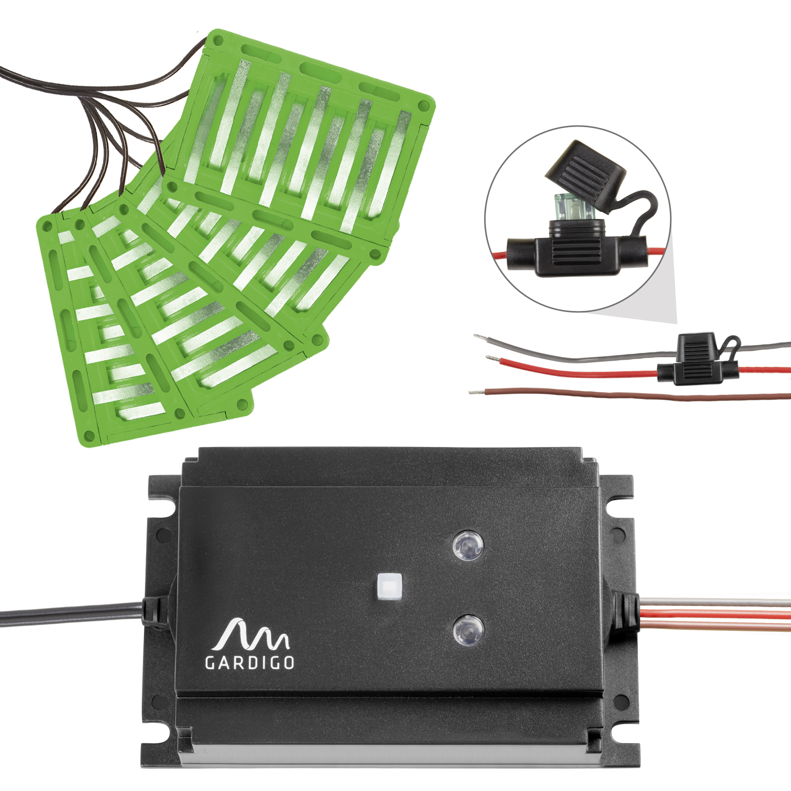 Das Gerät ist spritzwassergeschützt und hat durch die Ein-/Aus-Automatik einen geringen Stromverbrauch. Der Sicherungshalter ist in das Kabel integriert.