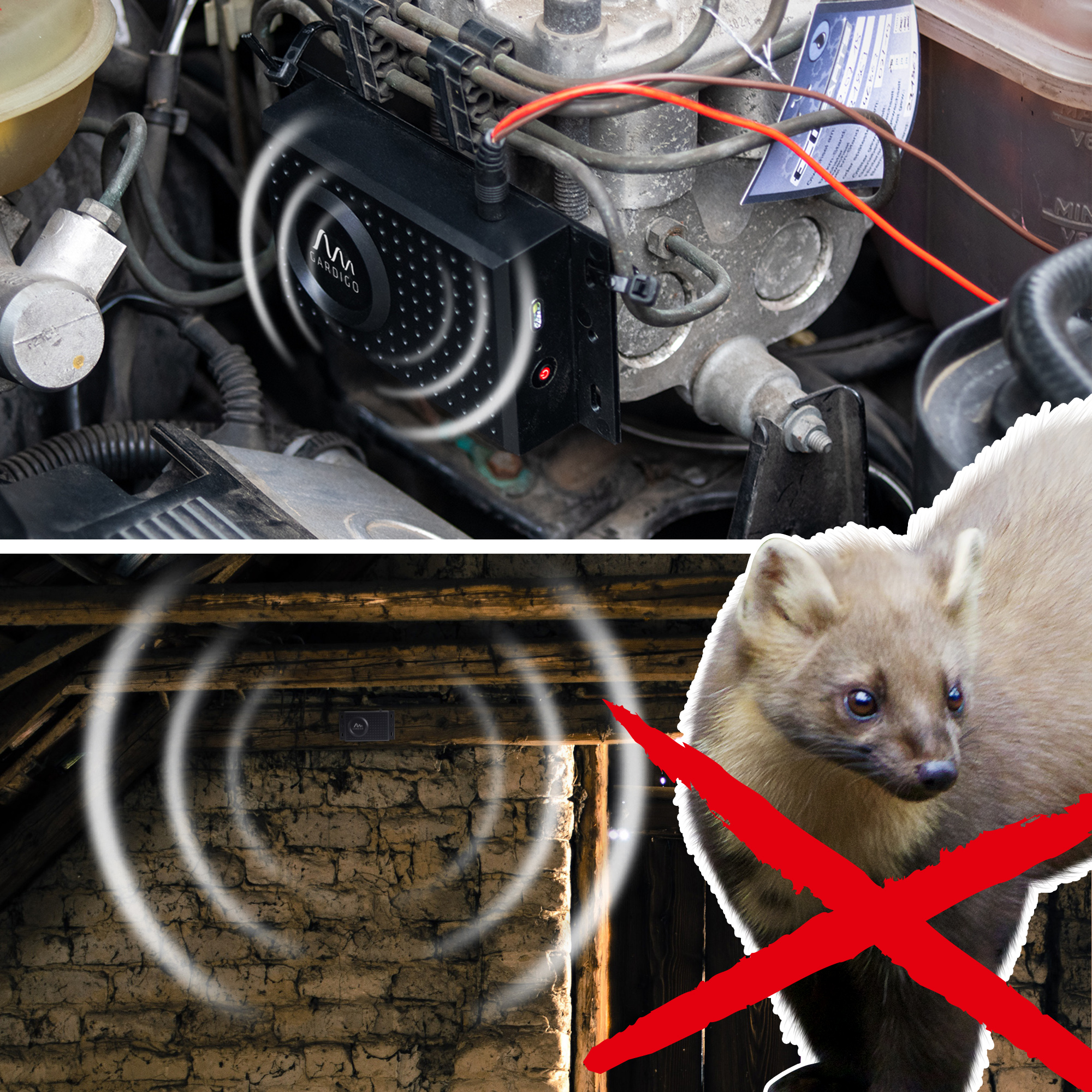 Der Marderschreck lässt sich an die Autobatterie anschließen oder mit Batterien betreiben und hält am Einsatzort Marder fern.